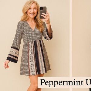 Peppermint USA Boho Bell Sleeve Mini Dress, Geometric Print Fall Beauty, Size S